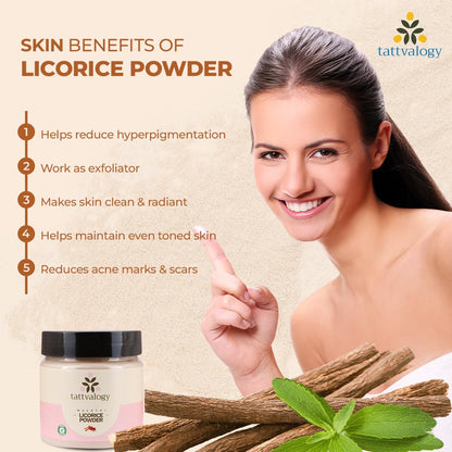 Tattvalogy Licorice Root Powder | Mulethi Powder | Yashtimadhu | Glycyrrhiza glabra | 100% Pure & Natural | Facial Mask | For Hair and Skin Care | Defence From Acne & Pimples | In Glass Jar - 100 GM