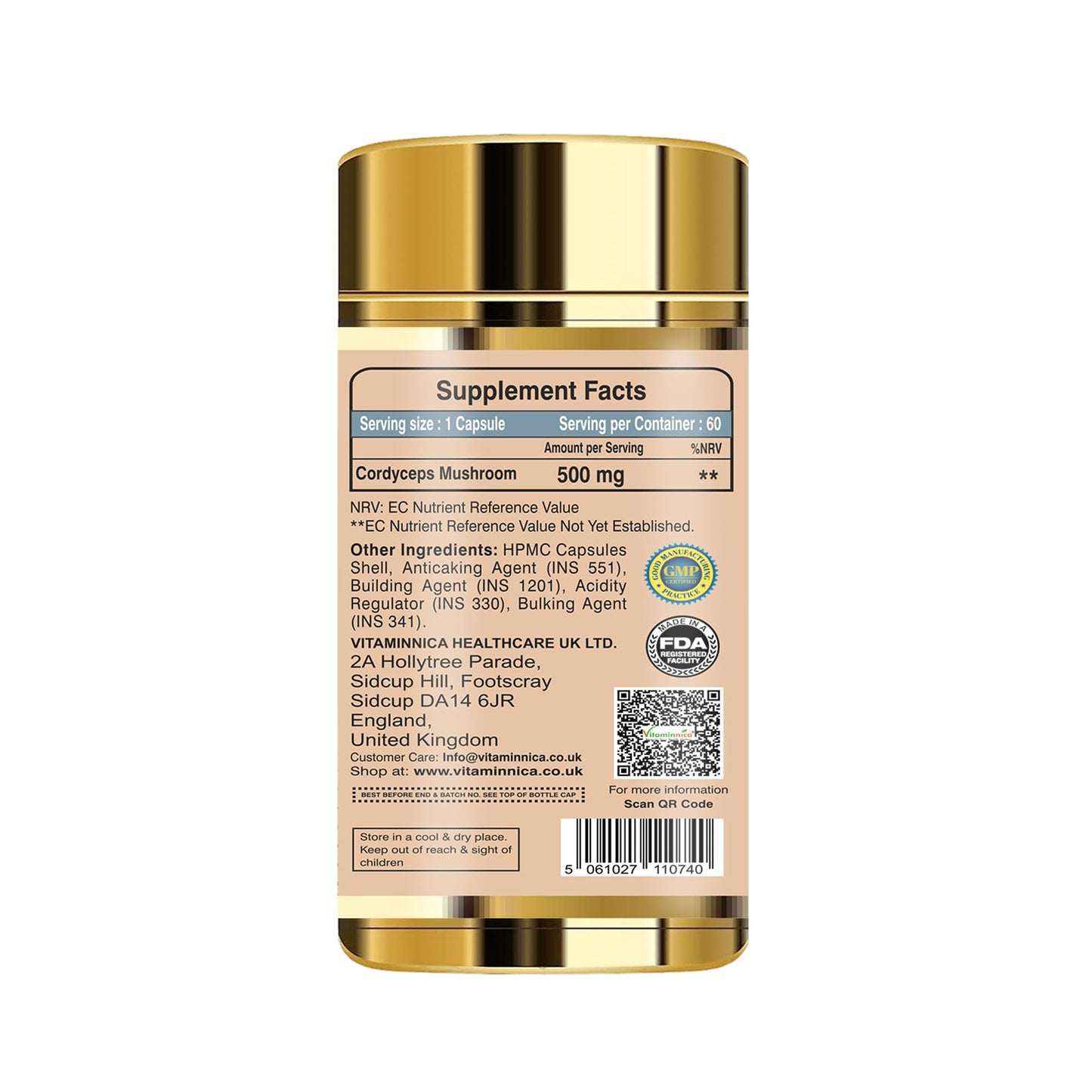 Vitaminnica Cordyceps Mushroom 500mg- 60 Vegan Capsules | Nootropics for Energy & Endurance