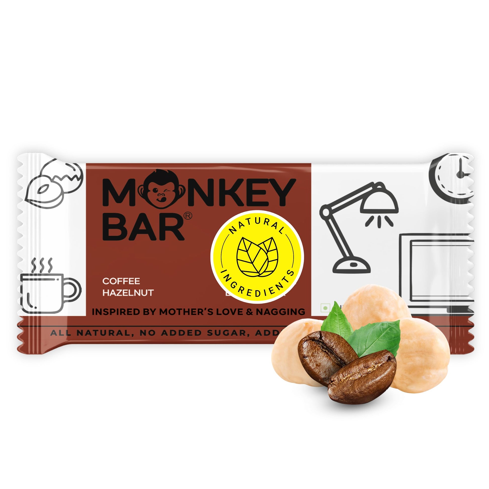 MONKEY BAR - Coffee Hazelnut Protein Bar - 8 Bars, 50g each, 12g Protein, Pure C