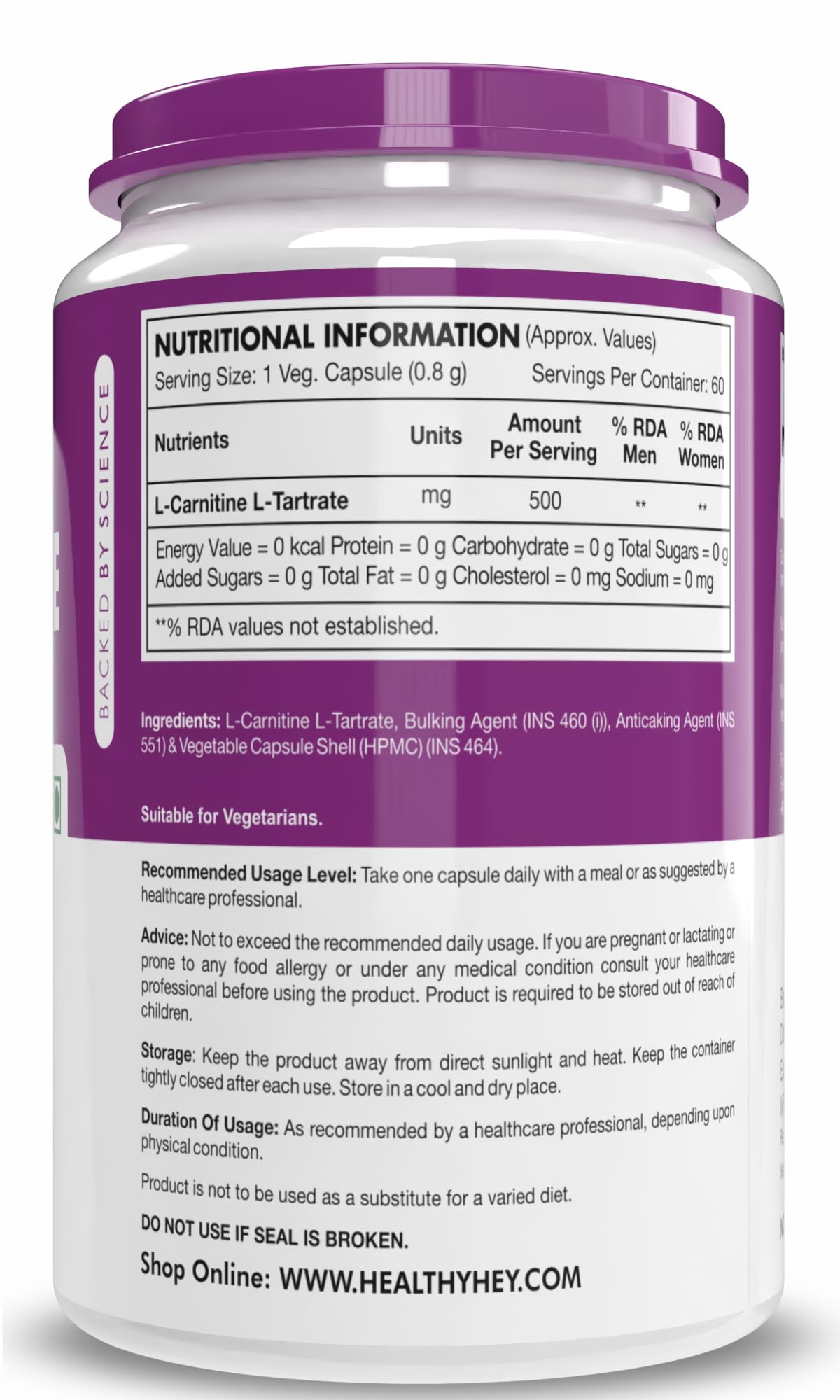 HealthyHey L-Carnitine & L-Tartrate (LCLT) - 60 Vegetable Capsules (Pac- image 6