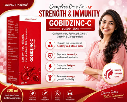 GOBIDZINC-C Suspension from Gaurav Pharma. Carbonyl Iron, Folic Acid, Zinc and Vitamin B12, 300 ml, for Whole Family