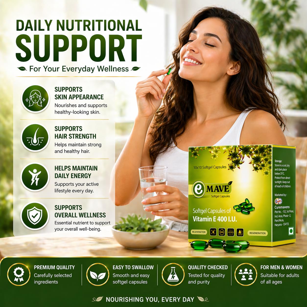 Curemavens Vitamin E 400 IU Softgel Capsules | Vitamin E Supplement for Daily Wellness | Easy-to-Consume Softgels | Nutraceutical Supplement | 30 Softgel Capsules