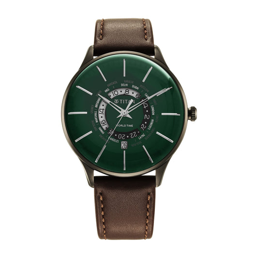 Titan Green Dial World Time with Date Leather Strap Analog Watch for Men-NS90145