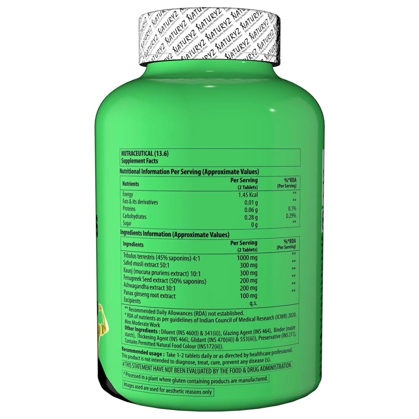 Naturyz Testo-6 Plant based Supplement For Men 2100mg per serving with Maximum Strength 1000mg Tribulus Terrestris, Safed Musli,Kaunj,Ashwagandha, Fenugreek & Panax Ginseng for Muscle gain-90 Tablets
