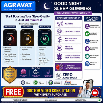 AGRAVAT® Good Night Sleep Gummies - helps you Better Sleep and Non-Addictive | Wake Up Fresh & Energetic | Muscle Recovery & Nerve Relaxation for Men & Women | ZERO Added SUGAR | 30 Gummies