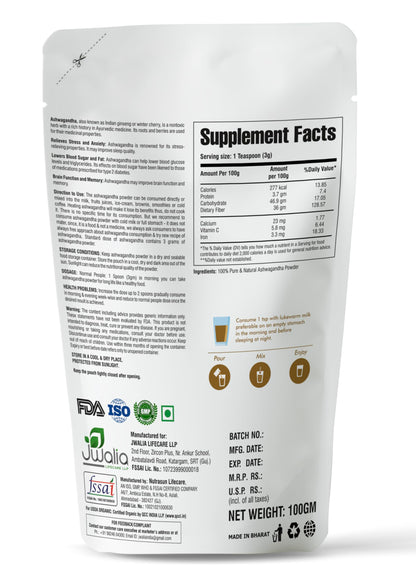 MYHERB 100% Pure Natural Organic Ashwagandha Powder || 100 Gm || Withania Somnifera || Ayurvedic Formula || Support for Stress-free Living- For Men And Women