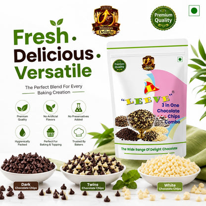 Leeve 3 in One Chocolate Chips Combo 400g | White Chocolates Chip, Dark Choco Chip's & Twins Chocolate Chips | Baking Toppings for Cakes, Cookies, Brownies & Dessert Decoration