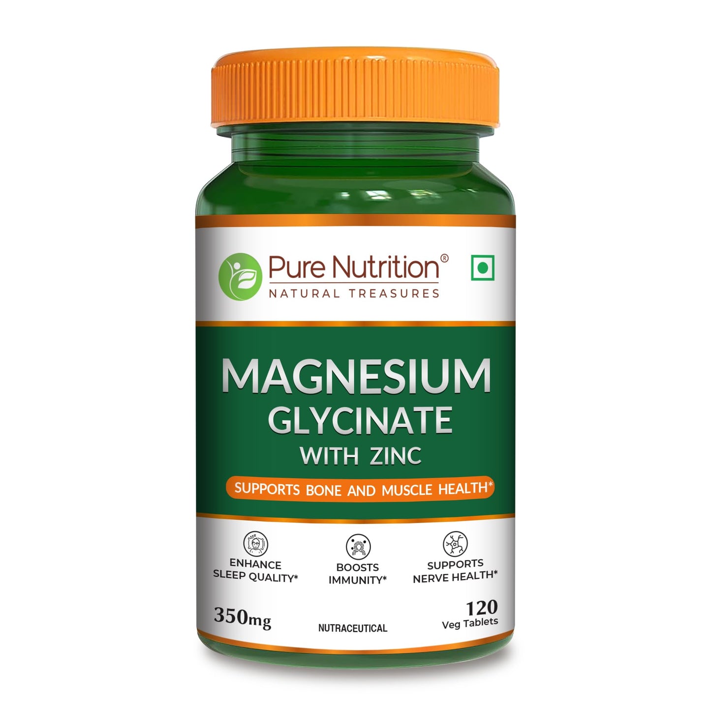 Pure Nutrition Magnesium Glycinate + Zinc - 120 Veg Tablets | Boosts Bone, Muscle & Nerve Health | Enhances Relaxation & Sleep Quality | Relieves Period Cramps| Gentle on Stomach