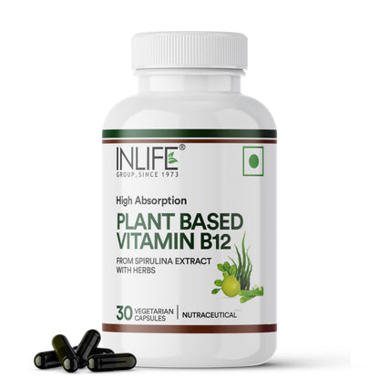 INLIFE Plant Based Vitamin B12 Supplements for Men & Women | Superfood Formula | B12 from Spirulina Extract - 30 Vegetarian Capsules (Pack of 1, 30, count)
