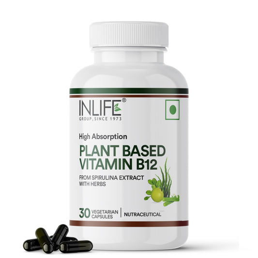 INLIFE Plant Based Vitamin B12 Supplements for Men & Women | Superfood Formula | B12 from Spirulina Extract - 30 Vegetarian Capsules (Pack of 1, 30, count)