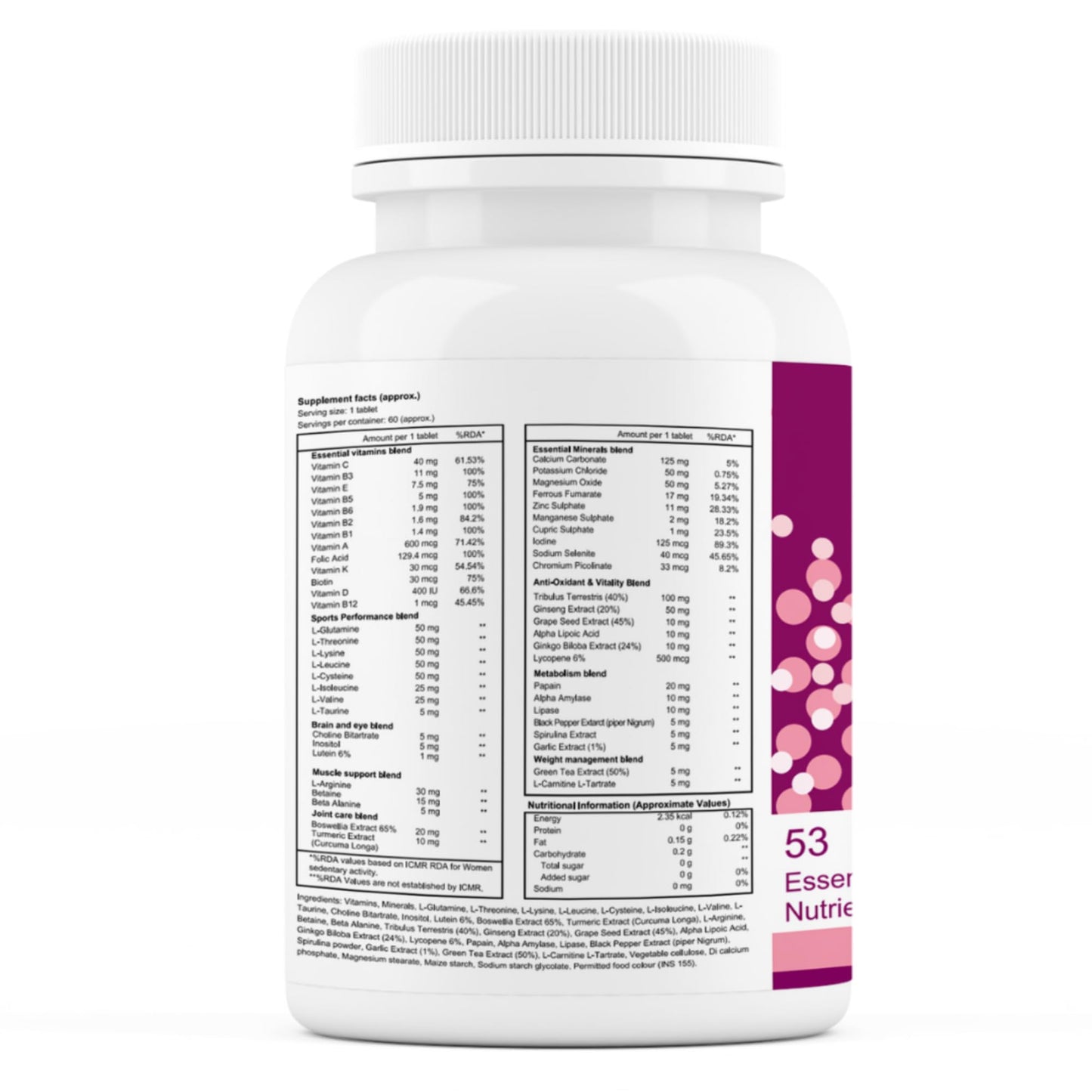 NutriEkspert Multivitamin for Women. Minerals, Anti-Oxidants,Green Tea, 53 Essential Nutrients,9 Performance Blends. Joints & Bones,Weight Management,Immunity,Fitness Performance-60 Tablets