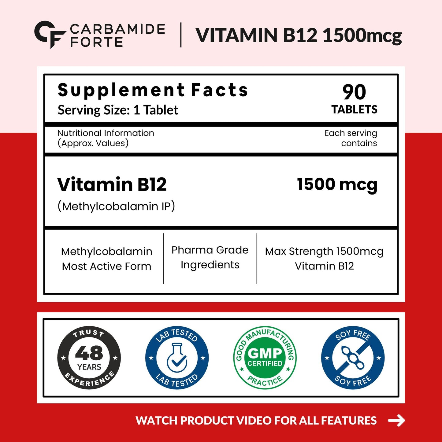 Carbamide Forte Vitamin B12 Tablets 1500 mcg -Active form of Methylcobalamin Vitamin B12 Supplements for Men & Women- 90 Veg Tablets