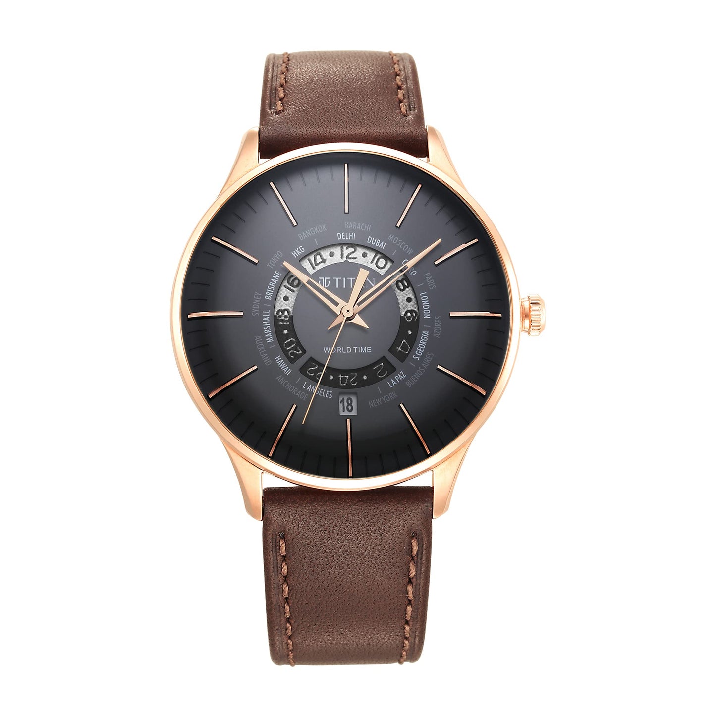 Titan Black Dial World Time with Date Stainless Steel Strap Analog Watch for Men
