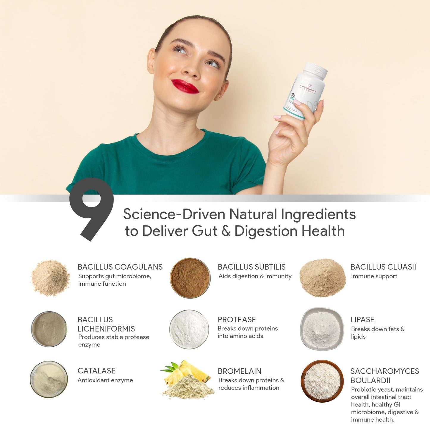 Autoimmunity Care: IBS Care 3-in-1 Gut Health Supplement | Probiotics + Digestive Enzymes | Supports Healthy Digestion, Bloating, Gas & Bowel Regularity | 60 Capsules for Men & Women