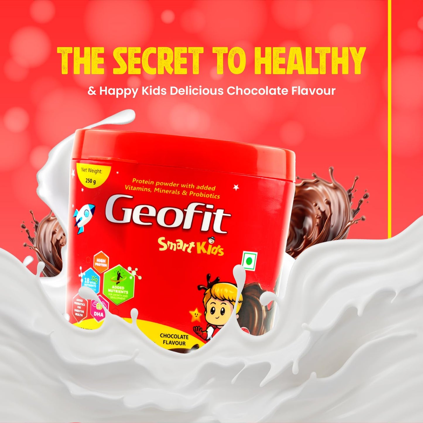 Geofit Smart Kids Protein Powder Chocolate – Pack of 2 (250g Each) | For Children Aged 4–6 Years | 18 Nutrients for Growth & Immunity | With DHA, Probiotics, Antioxidants & Energy Boosting Support