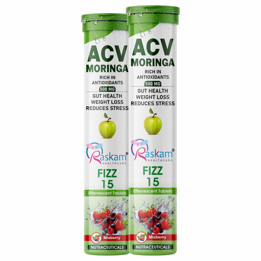 Raskam ACV Moringa Effervescent Tablets | Fizz 15 Tablets in Mixberry Flavor, 500mg| Natural Energy & Immunity Booster with Antioxidants to Control Cravings (Pack of 2)
