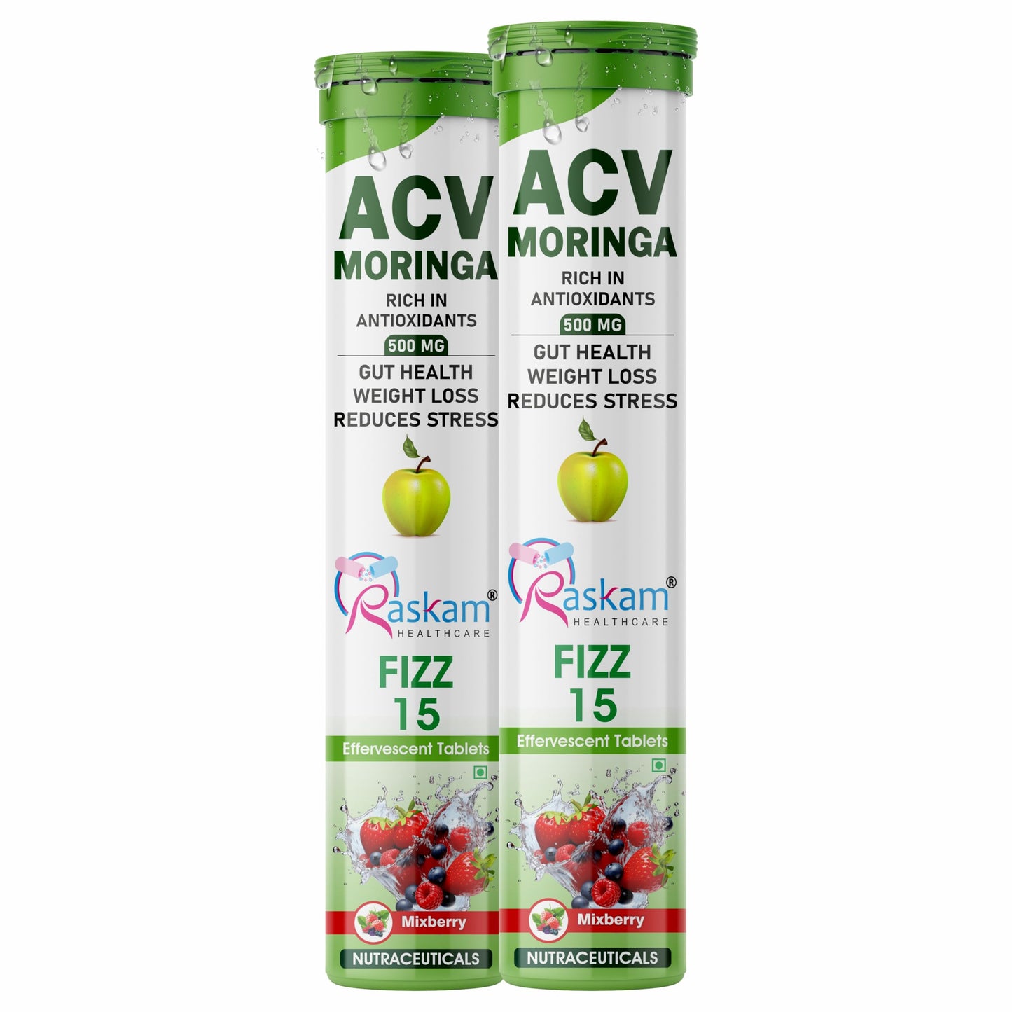Raskam ACV Moringa 15 Effervescent Tablets | Mixberry Flavor, 500mg | Boost Energy & Immunity Naturally with Antioxidants | Controls Cravings (2 Packs of 15 Tablets Each)