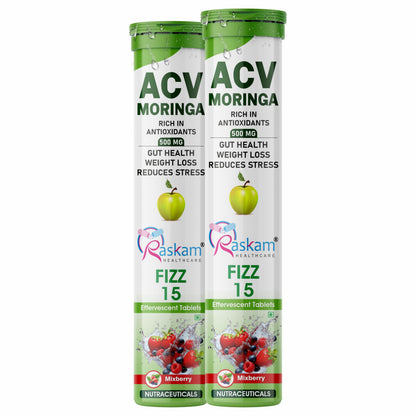 Raskam ACV Moringa 15 Effervescent Tablets | Mixberry Flavor, 500mg | Boost Energy & Immunity Naturally with Antioxidants | Controls Cravings (2 Packs of 15 Tablets Each)