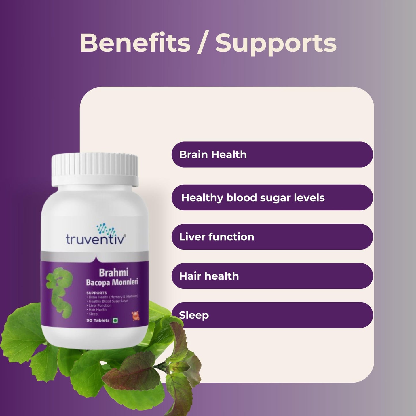 Truventiv Brahmi (Bacopa Monnieri) 500mg Tablets | Memory, Focus & Brain Health Support | Ayurvedic Herbal Supplement | Supports Cognitive Function, Sleep & Overall Wellness | 90 Tablets