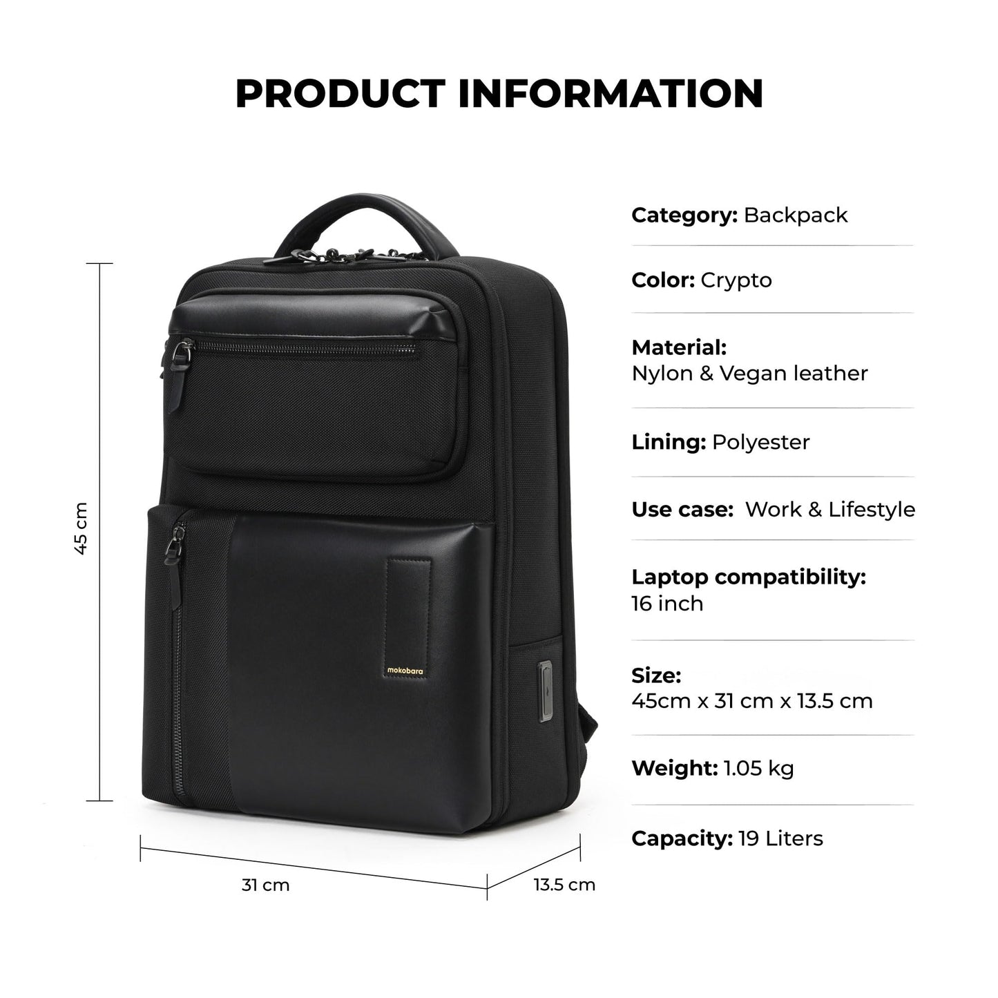 MOKOBARA The Work Backpack | Fits 16 Inch Laptop, 19L Capacity, USB Charging Port, Water-Resistant Vegan Leather & Nylon | Black,Money Moves 2.0