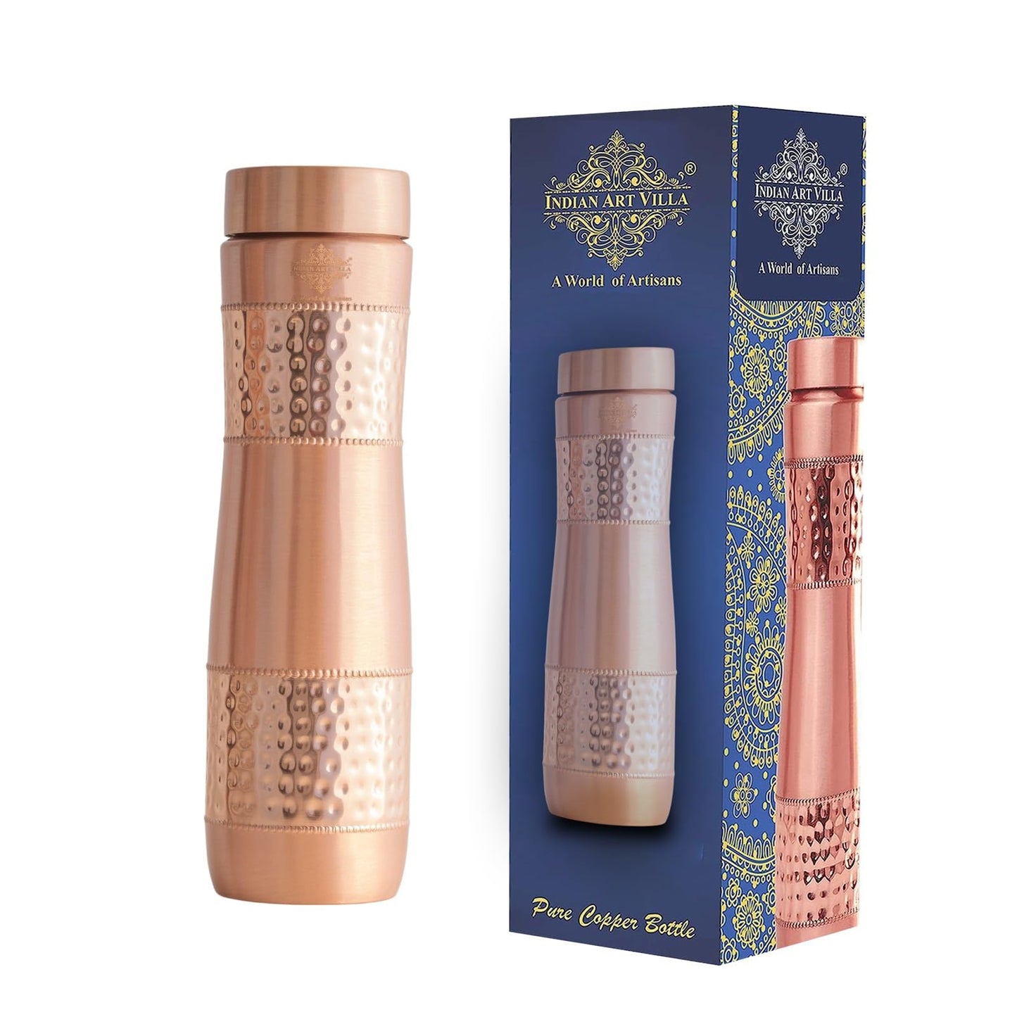 INDIAN ART VILLA Pure Copper Water Bottle With Half Lacquer Hammered Champion De