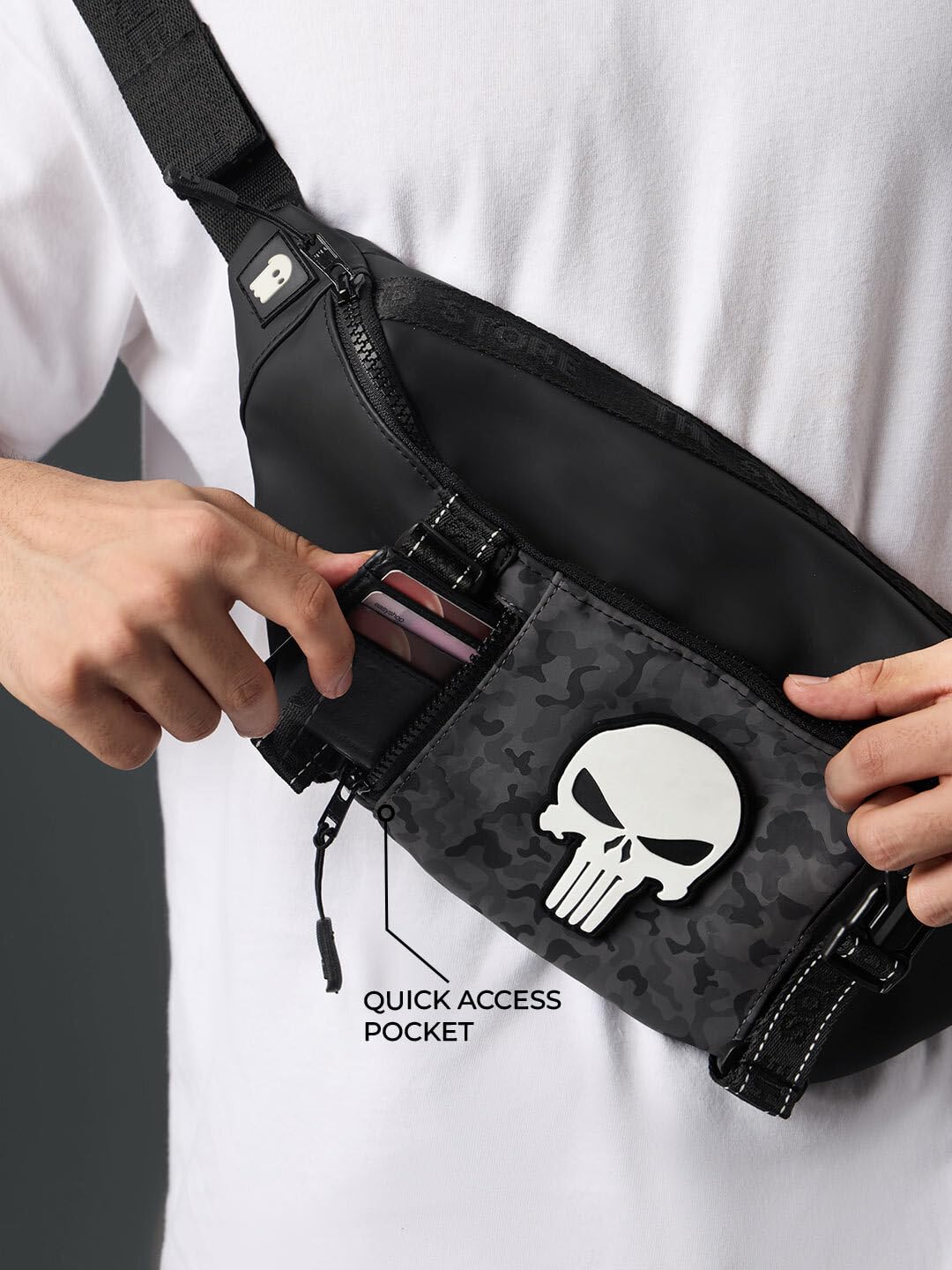 The Souled Store Marvel Punisher Utility Gear Fanny Pack Crossbody Sling Bag 4L Spacious Durable PU with Adjustable Strap Travel Daily Use Waist Bag for Men and Women