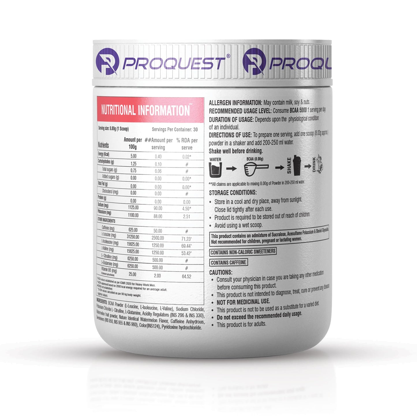 Proquest Nutrition BCAA 5000, 5g BCAAs in 2:1:1 Optimal Ratio (240g, 30 Servings) Salted Watermelon Flavor | Powerful Intra Workout Supplement for Men & Women for Muscle Recovery, Hydration & Endurance