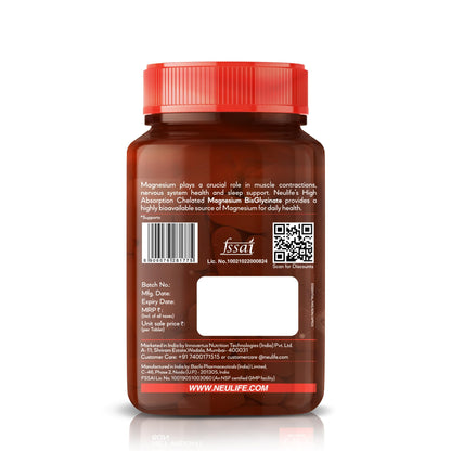 Neulife Magnesium Bisglycinate 440 mg Supplement | High Absorption-High Potency Formula | Supports Sleep, Recovers Muscles | (60tabs)