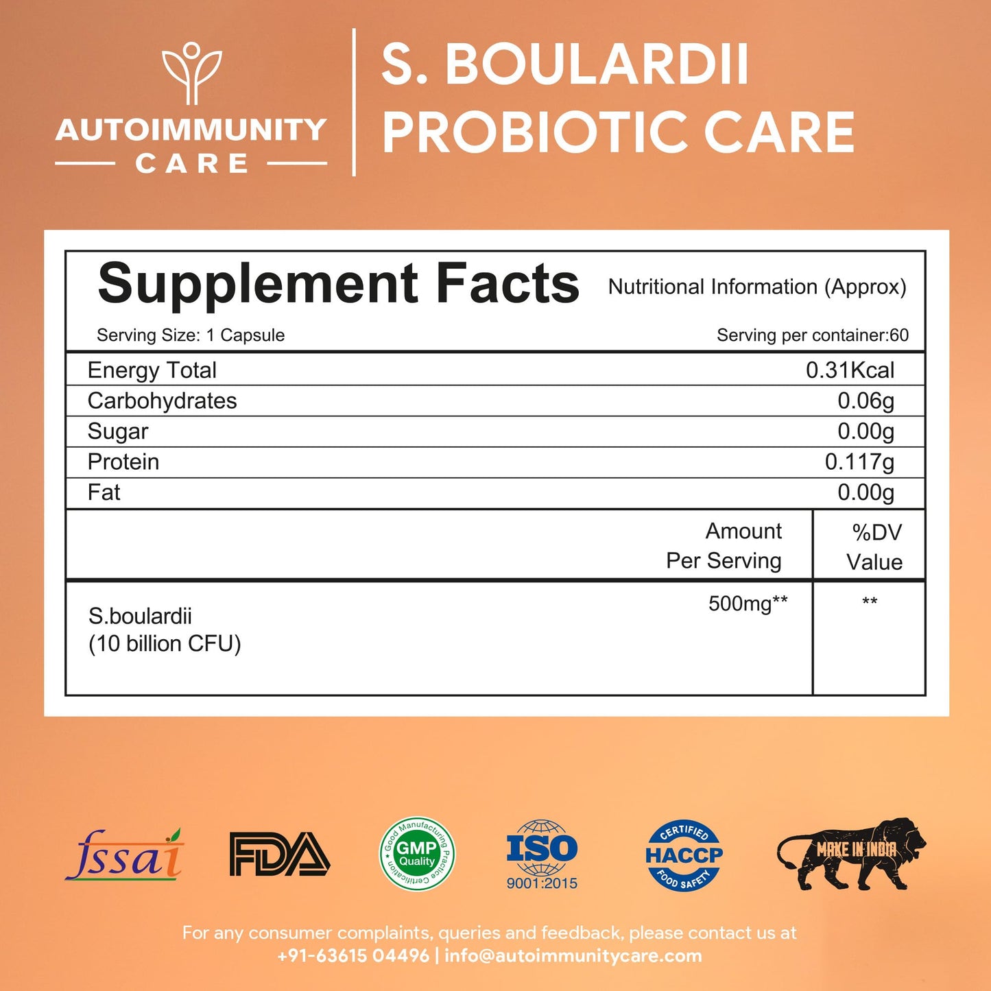 Autoimmunity Care S. Boulardii Care – Saccharomyces Boulardii Probiotic Supplement | 10 Billion CFU | Probiotics Supplement for Gut Health, Intestinal Lining & Microbial Balance | 60 caps (60 doses)