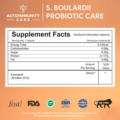 Autoimmunity Care S. Boulardii Care – Saccharomyces Boulardii Probiotic Supplement | 10 Billion CFU | Probiotics Supplement for Gut Health, Intestinal Lining & Microbial Balance | 60 caps (60 doses)