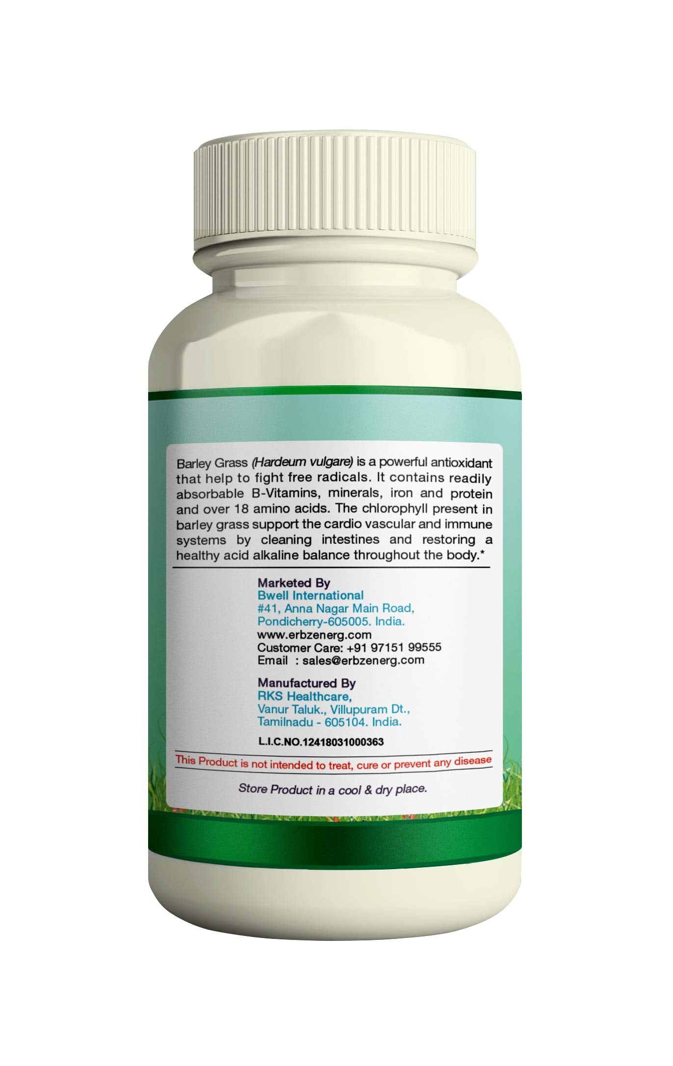 ERBZENERG® Organic Barley Grass (Hardeum vulgare) 60 Capsules (Pack of 1)