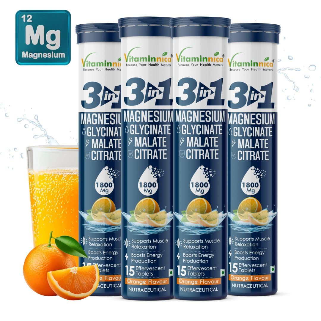 Vitaminnica Magnesium 3-in-1 Effervescent Tablets – Malate, Glycinate & Citrate Blend for Muscle Function, Relaxation & Daily Wellness – Orange Flavor – 15 Tablets (Pack of 4)