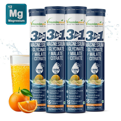 Vitaminnica Magnesium 3-in-1 Effervescent Tablets – Malate, Glycinate & Citrate Blend for Muscle Function, Relaxation & Daily Wellness – Orange Flavor – 15 Tablets (Pack of 4)