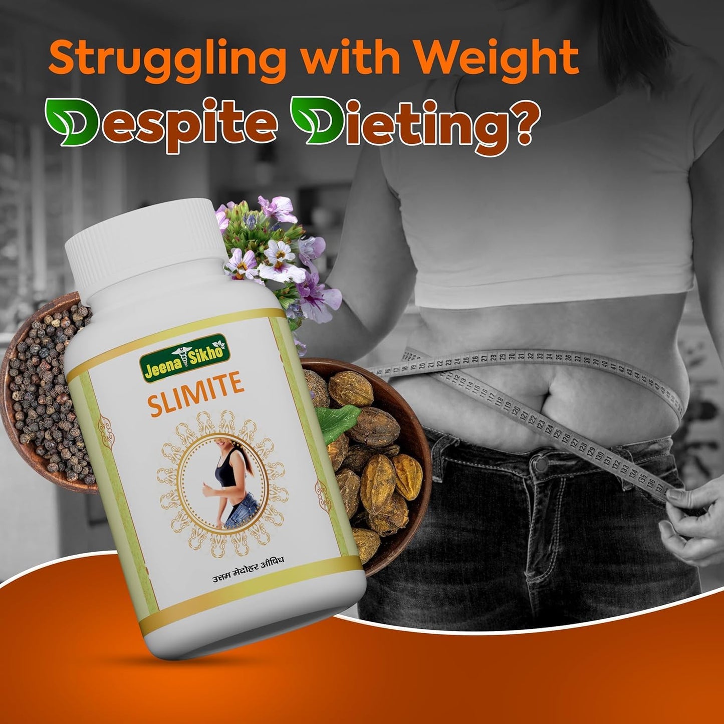 Jeena Sikho Slimite | Ayurvedic Supplement For Gut Health And Burns Calories | Naturally Blended With Harar, Ajwain, And Chitrak Mool | Herbal Remedy To Improve Metabolism, 60 Capsules