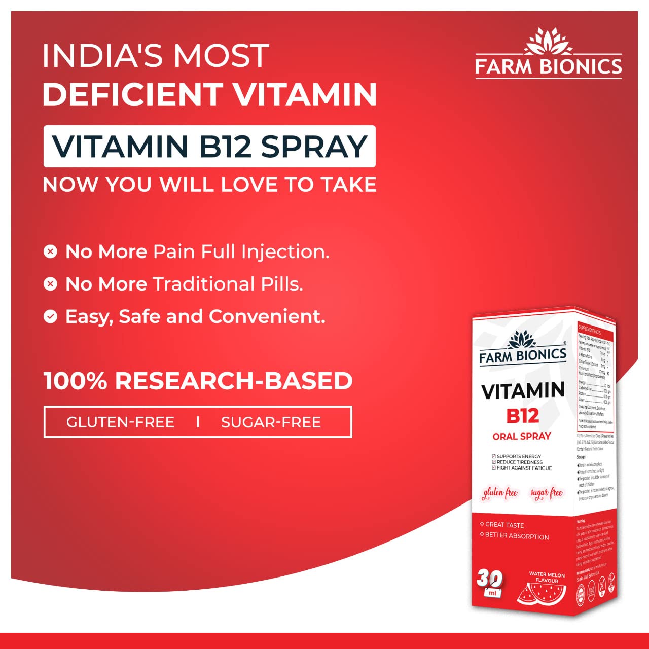 FARM BIONICS Vitamin B12 Drop Oral Spray, 30Ml|100% Vegetarian|Sugar Free|Gluten Free|Immunity Booster Spray For Men & Women|Pocket Friendly (Watermelon, Pack Of 2)