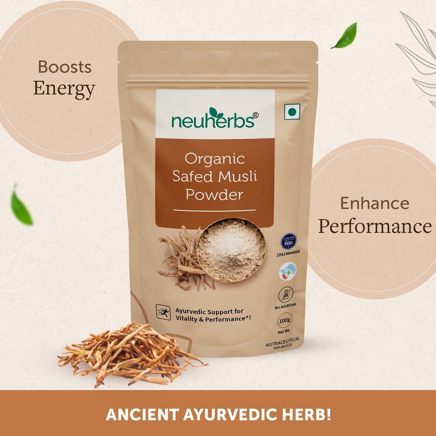 Neuherbs Organic Safed Musli Root Powder | Ayurvedic Support for Vitality & Performance | Herbal Supplement | Strength & Stamina Booster | Certified Organic -100g