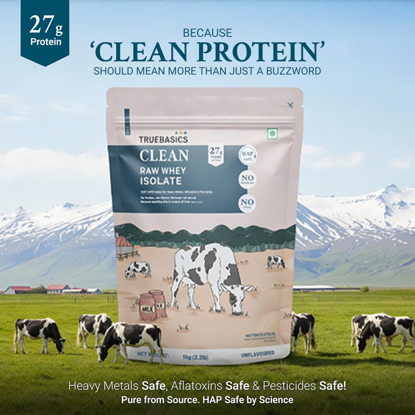 TrueBasics Clean Raw Whey Isolate Protein Powder, Unflavoured, 1kg