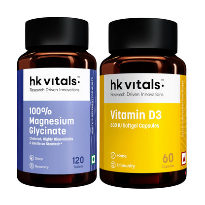 hk vitals 100% Magnesium Glycinate (1880mg) 120 Tablets | For Better Sleep Quality & Muscle Recovery with Vitamin D3 (600 IU) (60 Capsules)