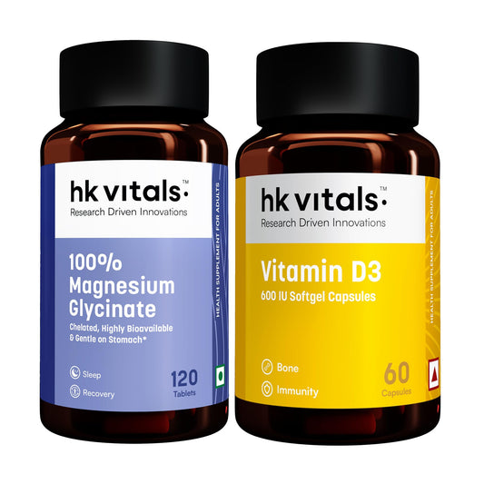 hk vitals 100% Magnesium Glycinate (1880mg) 120 Tablets | For Better Sleep Quality & Muscle Recovery with Vitamin D3 (600 IU) (60 Capsules)