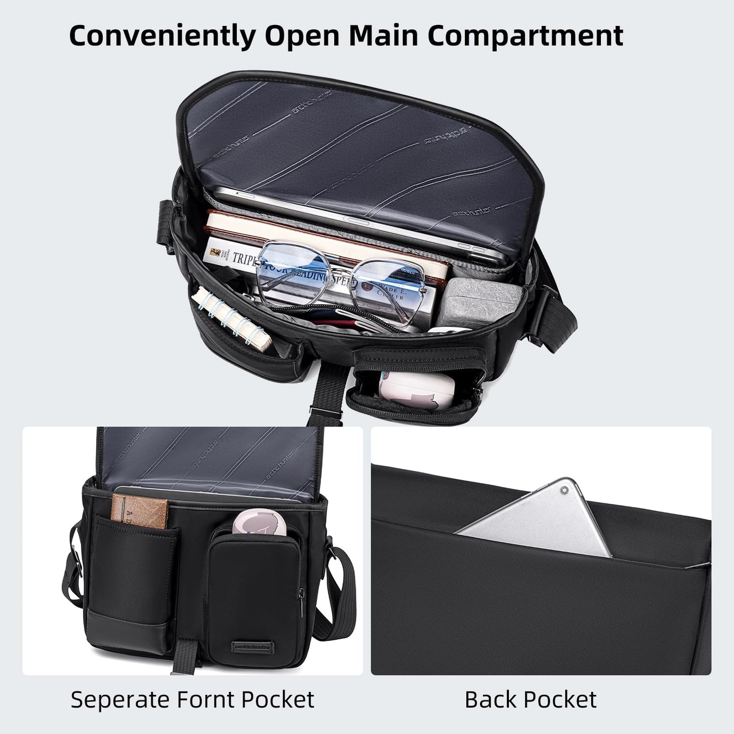 Arctic Hunter Nylon Sling Bag for Men 11" iPad Anti-Theft Stylish Side Messenger Bag Multiple Compartments Crossbody Shoulder Bag Water-repellent for Casual Daily Travel (Black)