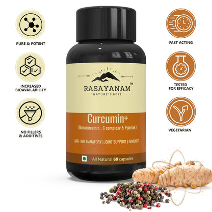 Rasayanam Curcumin+ 1500mg | Extra Pure Nano Curcumin capsules with Bioperine | Turmeric & Black pepper extract | Joint Support Supplement for men & women