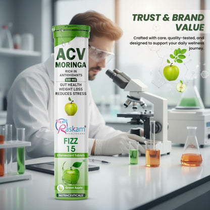 Raskam HEALTHCARE ACV Moringa 15 Effervescent Tablets 500 Mg Apple Cider Vinegar With No Added Sugar For Gut Health | Weight Loss | (Pack of 3, Green Apple)