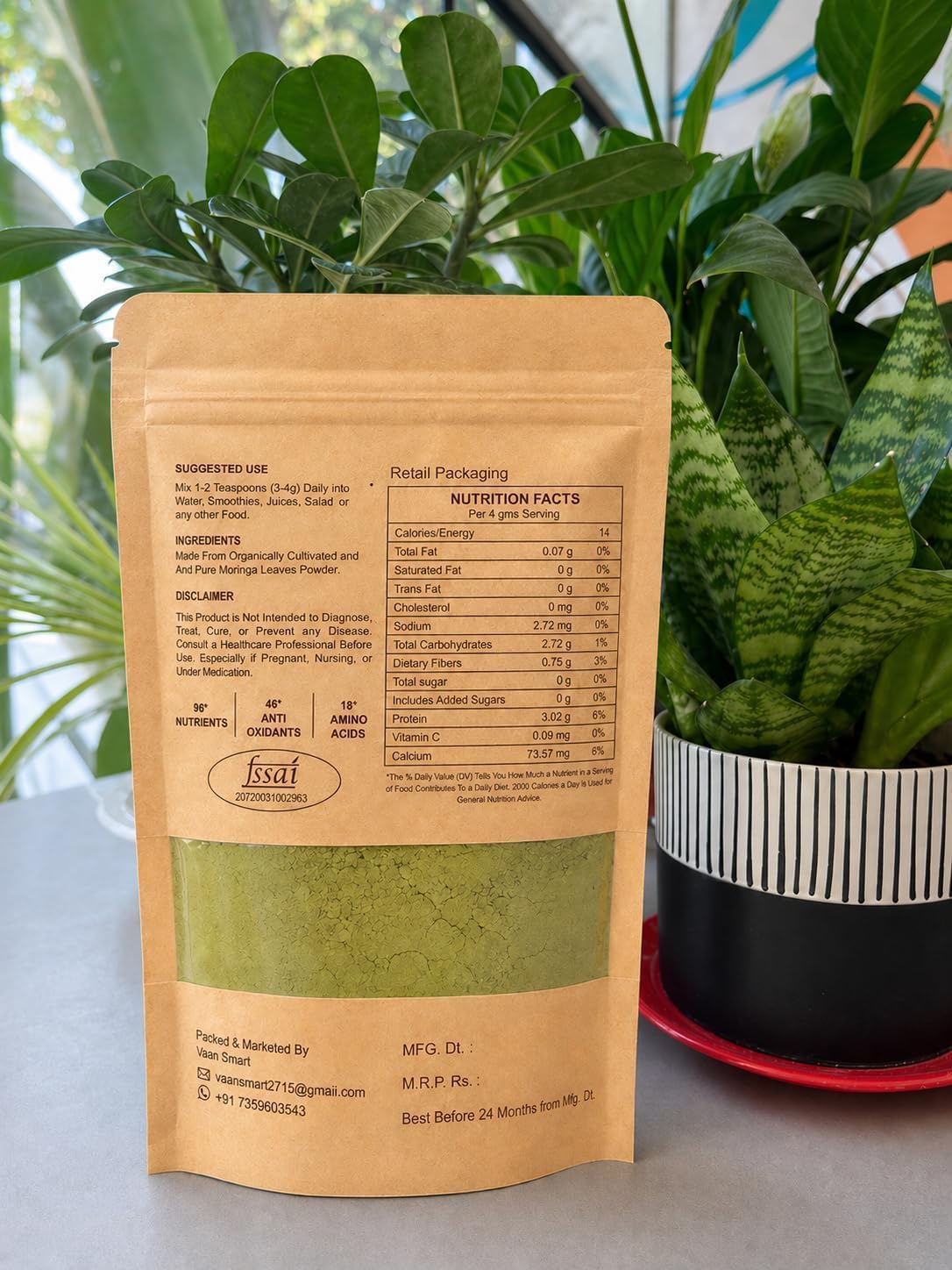 Organic Moringa Oleifera Leaf Powder | Rich in Antioxidants & Immune Vitamins | Pure Leaves Without Stems | Great Superfoods for Tea or Drink | India Grown, Vegan (200 gm)