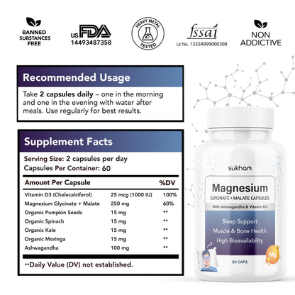 Sukham Magnesium Glycinate + Malate Capsules | 60 caps - 30 days | High Absorption Supplement | Helps with Better Sleep, Muscle & Bone Health | With Ashwagandha and Vitamin D3 | For Men & Women