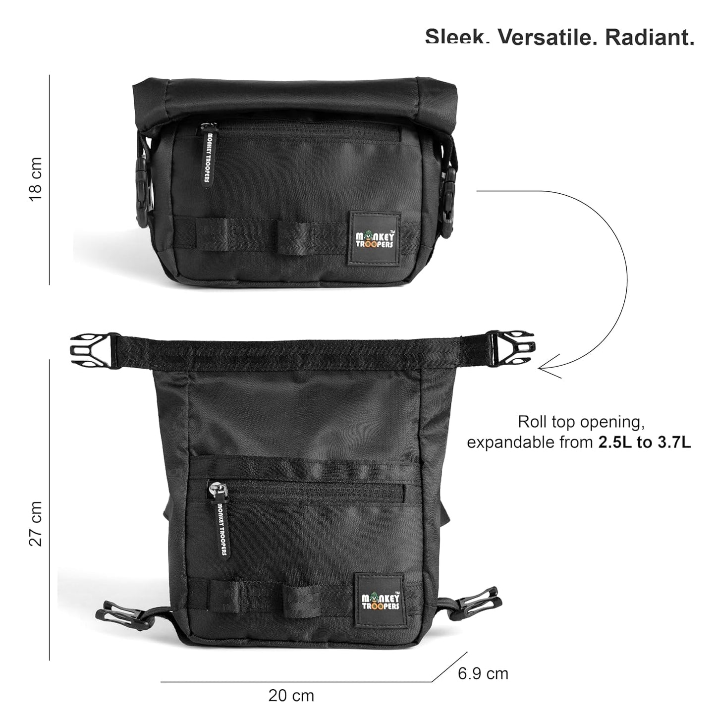 MONKEY TROOPERS Radiant 2.5L Crossbody Sling Bag for Men & Women Roll Top Closure Detachable Mini Pouch Adjustable Strap Organised Compact Storage Lavender Black