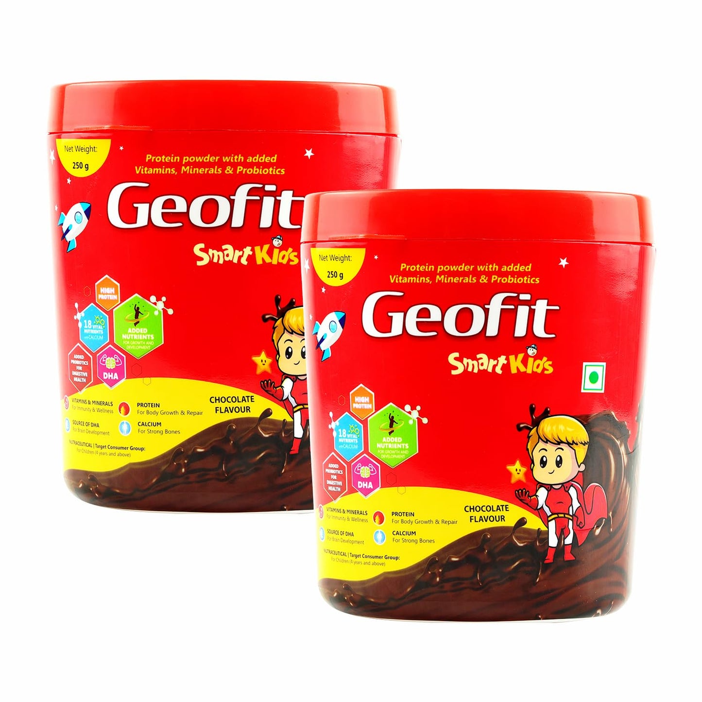 Geofit Smart Kids Protein Powder Chocolate – Pack of 2 (250g Each) | For Children Aged 4–6 Years | 18 Nutrients for Growth & Immunity | With DHA, Probiotics, Antioxidants & Energy Boosting Support