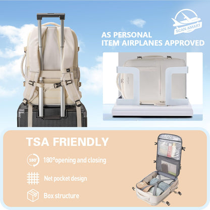 Evmyo 47L Travel Backpack for Women Men, Carry On Backpack Flight Approved, 17.3 Inch Laptop Backpack, Large Off White, Large, Travel