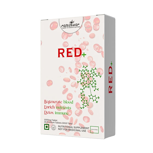 Raseshwar RED+ Blood, B12 & Iron Support Tablets | Boosts Energy, Supports Natural Detox & Rejuvenation | Herbal Formula | 1000mg | 30 Tablets | Pack of 1