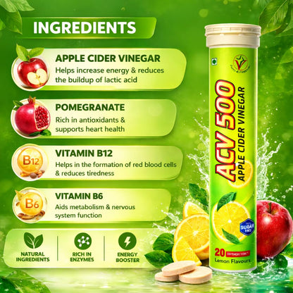 Virgo Healthcare Apple Cider Vinegar Effervescent Tablets ACV 500mg, Lemon Flavour | Instant Fizzy ACV Drink for Digestion, Gut Health, Detox & Weight Management | 20 Tablets