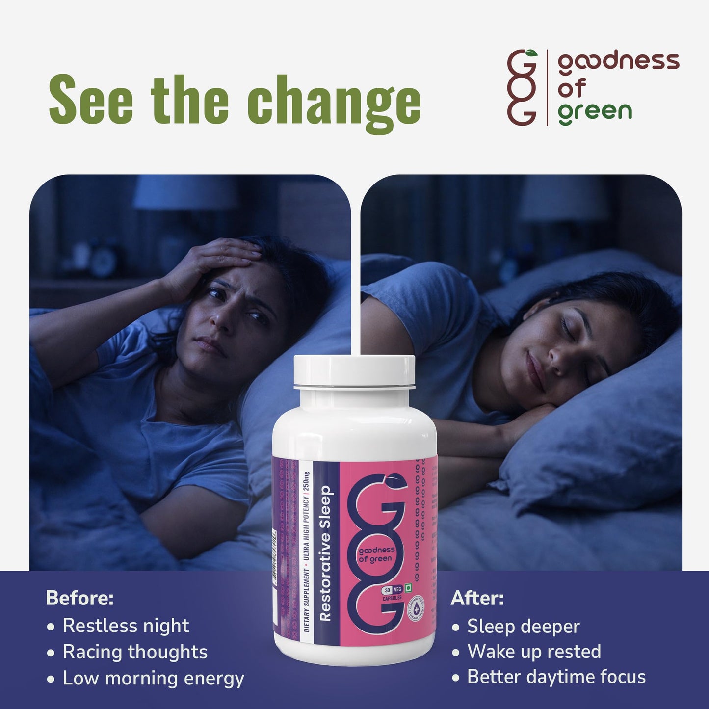 Goodness of Green Restorative Sleep Capsules, Ashwagandha & Black Pepper, Reduces Stress, Improves Sleep Quality & Rebalances Your Sleep Cycle, Plant-Based 30 Veg Capsules